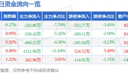 股票行情快报:三江购物(601116)8月22日主力资金净卖出592.86万元