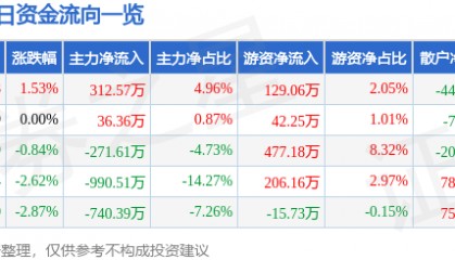 股票行情快报：国旅联合（600358）5月29日主力资金净买入312.57万元