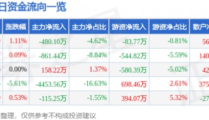 股票行情快报:三江购物(601116)8月11日主力资金净卖出480.10万元