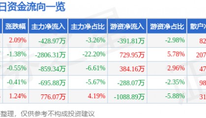 股票行情快报：新华传媒（600825）8月11日主力资金净卖出428.97万元