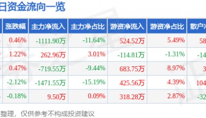 股票行情快报:三江购物(601116)8月19日主力资金净卖出1111.90万元