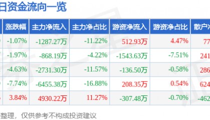 股票行情快报：金陵饭店（601007）6月18日主力资金净卖出1287.27万元
