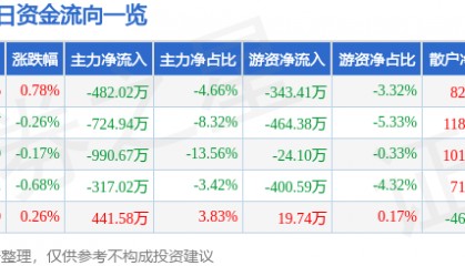 股票行情快报:三江购物(601116)7月30日主力资金净卖出482.02万元