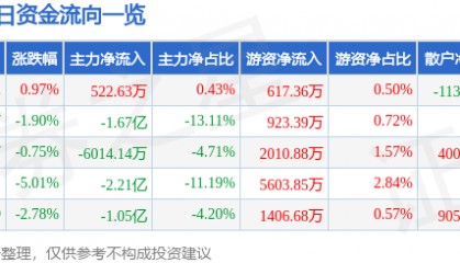 股票行情快报：洲际油气（600759）4月20日主力资金净买入522.63万元