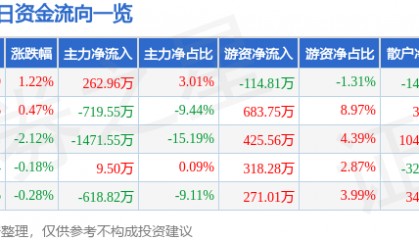 股票行情快报:三江购物(601116)8月18日主力资金净买入262.96万元