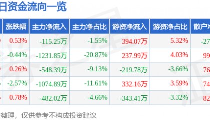 股票行情快报:三江购物(601116)8月5日主力资金净卖出115.25万元