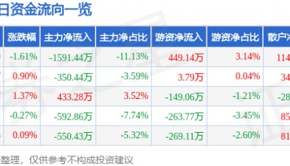 股票行情快报:三江购物(601116)8月27日主力资金净卖出1591.44万元