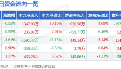 股票行情快报:三江购物(601116)8月29日主力资金净买入1347.93万元