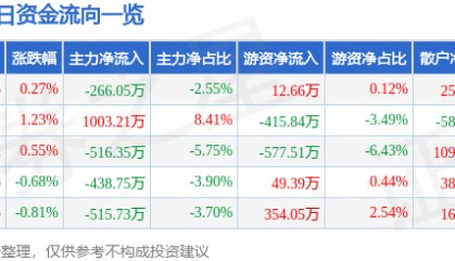股票行情快报：金陵饭店（601007）6月25日主力资金净卖出266.05万元