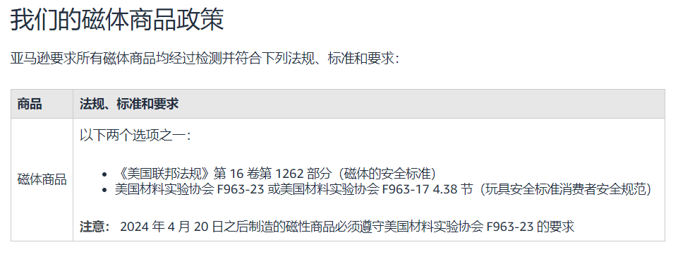 亚马逊合规资讯 | 磁体商品GCC证书16CFR1262、玩具类ASTM F963 4.38
