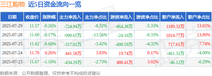 股票行情快报:三江购物(601116)7月29日主力资金净卖出724.94万元