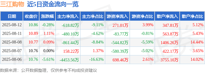 股票行情快报：三江购物（601116）8月12日主力资金净卖出618.82万元
